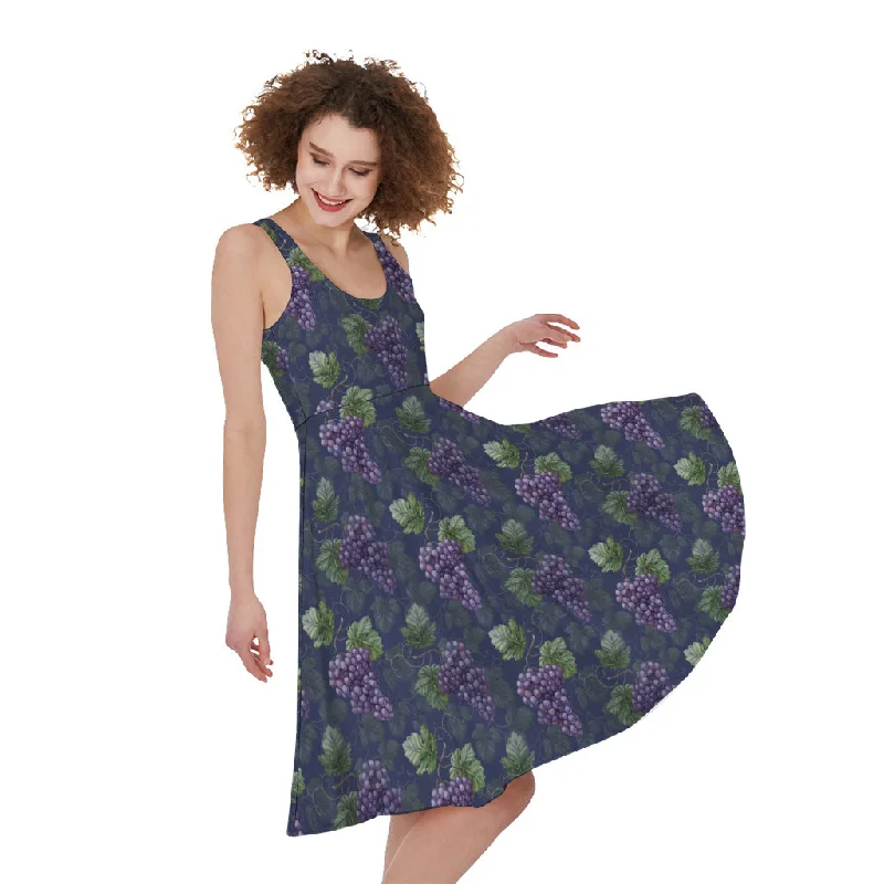 Watercolor Purple Grapes Pattern Print Sleeveless Knee Length Dress