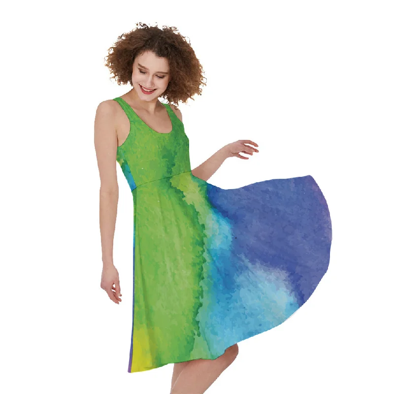 Watercolor Rainbow LGBT Pride Print Sleeveless Knee Length Dress