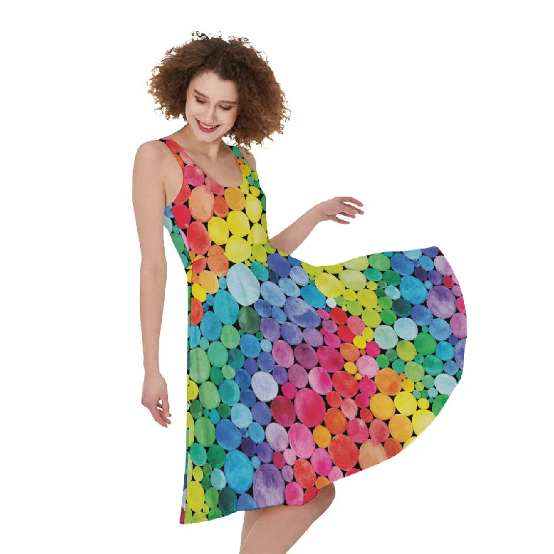 Watercolor Rainbow Pattern Print Sleeveless Knee Length Dress