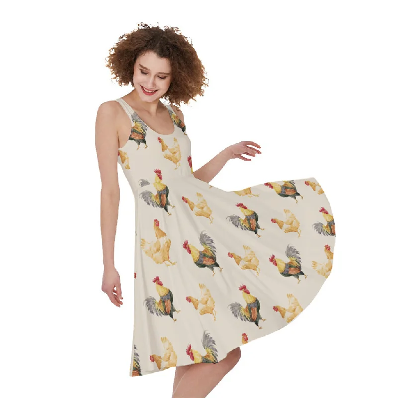 Watercolor Rooster Pattern Print Sleeveless Knee Length Dress