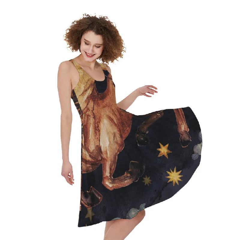 Watercolor Sagittarius Zodiac Sign Print Sleeveless Knee Length Dress