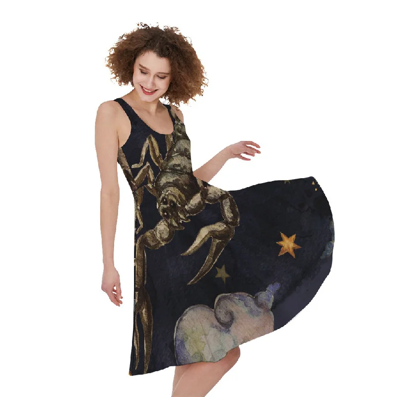 Watercolor Scorpio Zodiac Sign Print Sleeveless Knee Length Dress