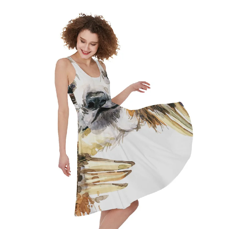 Watercolor Sloth Print Sleeveless Knee Length Dress