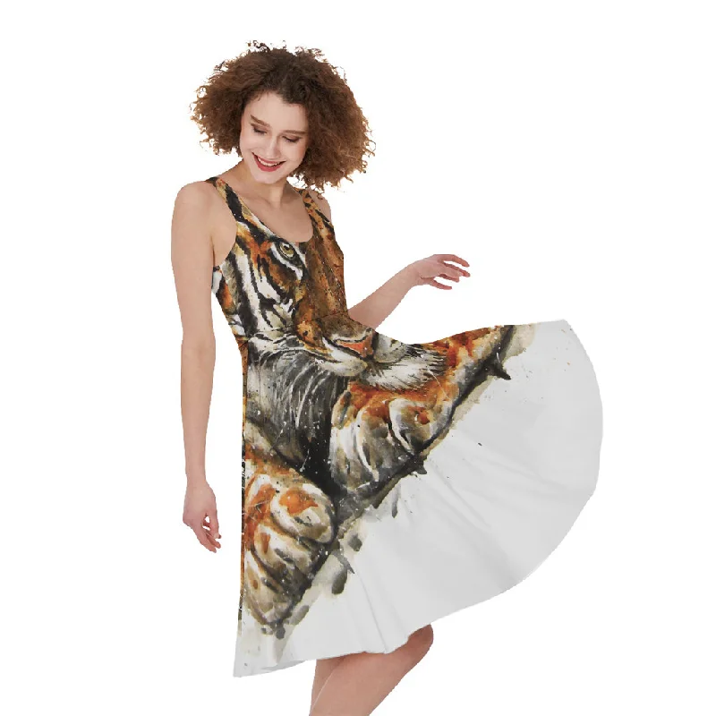 Watercolor Tiger Print Sleeveless Knee Length Dress