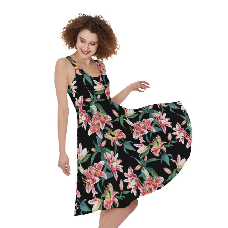 Watercolor Tropical Lily Pattern Print Sleeveless Knee Length Dress