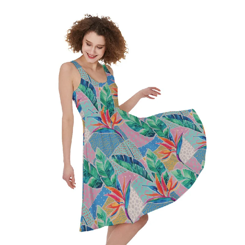 Watercolor Tropical Patchwork Print Sleeveless Knee Length Dress