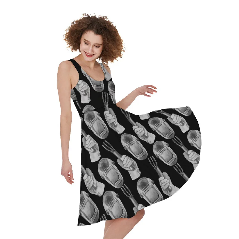 Watercolor Welder Pattern Print Sleeveless Knee Length Dress