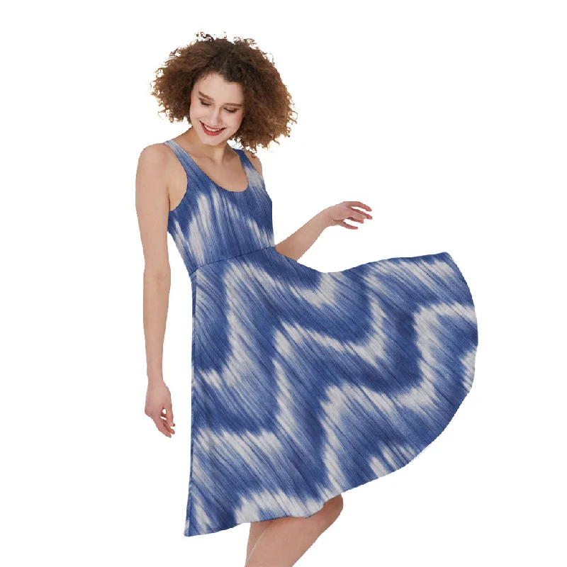 Wavy Shibori Pattern Print Sleeveless Knee Length Dress