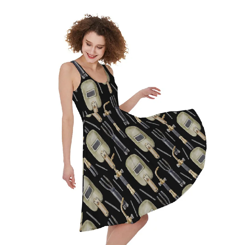 Welding Mask Pattern Print Sleeveless Knee Length Dress