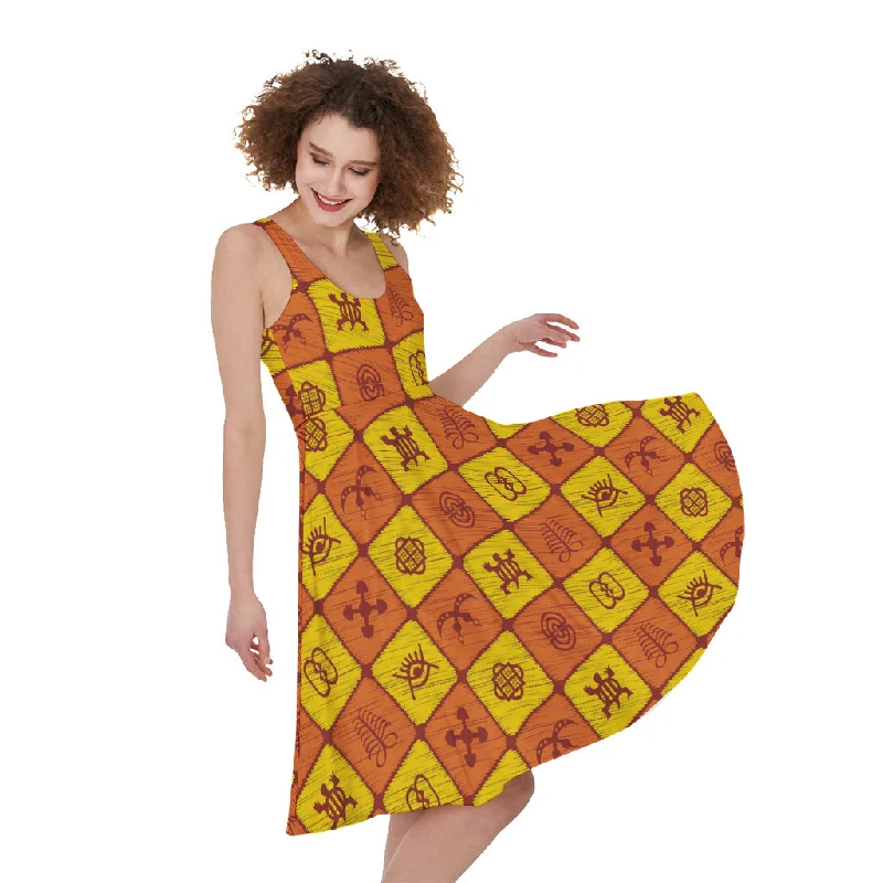 West Adinkra Symbols Pattern Print Sleeveless Knee Length Dress