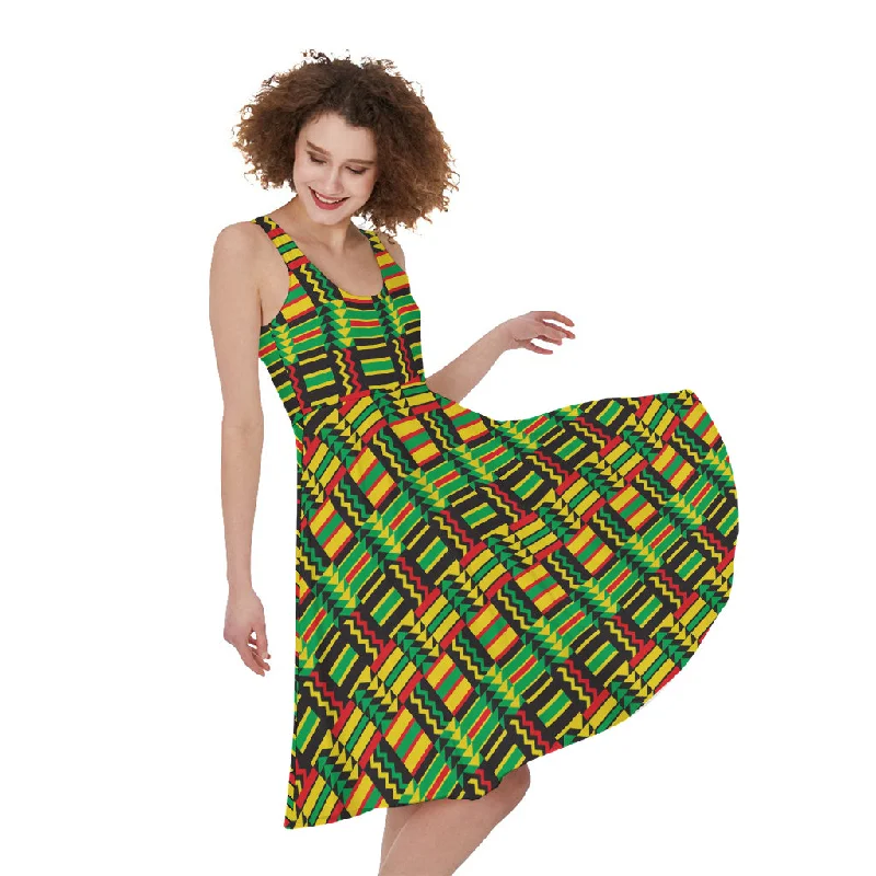 West African Kente Tribal Pattern Print Sleeveless Knee Length Dress