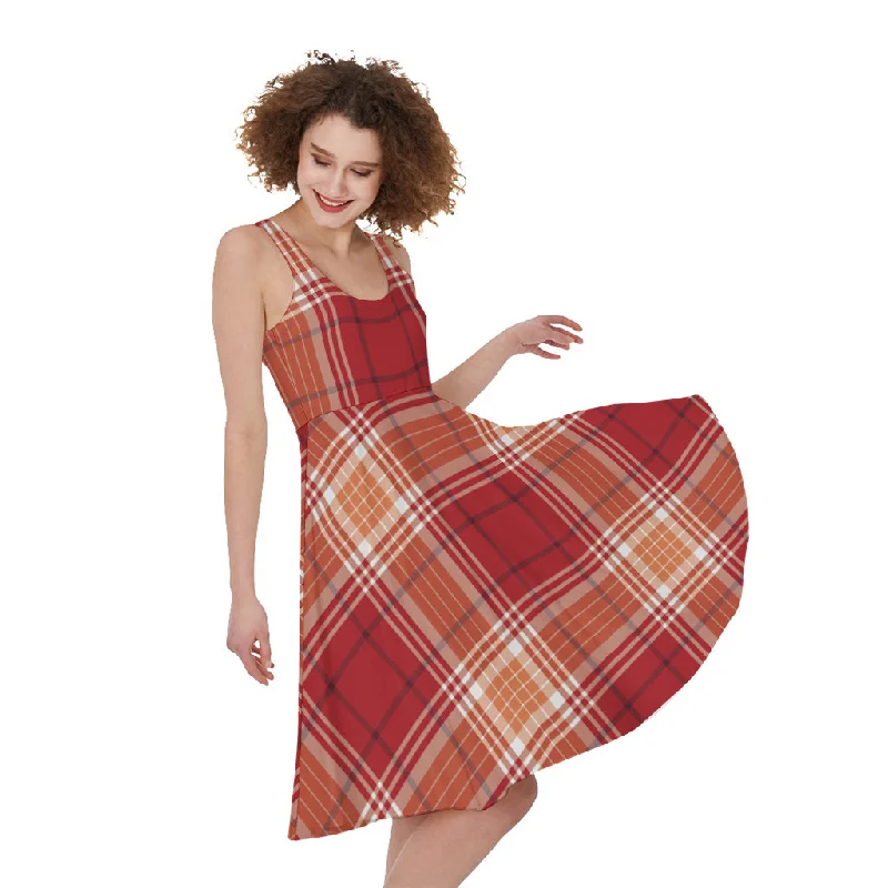 Western Tartan Pattern Print Sleeveless Knee Length Dress