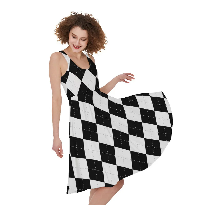 White And Black Argyle Pattern Print Sleeveless Knee Length Dress