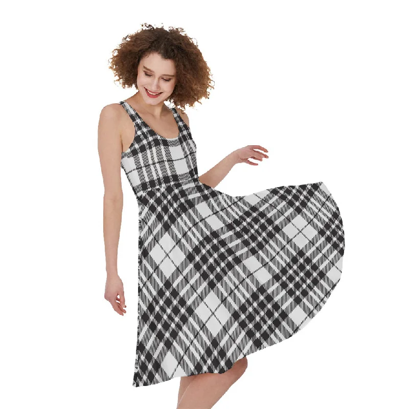 White And Black Border Tartan Print Sleeveless Knee Length Dress