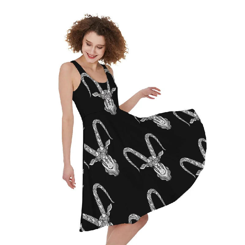 White And Black Capricorn Sign Print Sleeveless Knee Length Dress