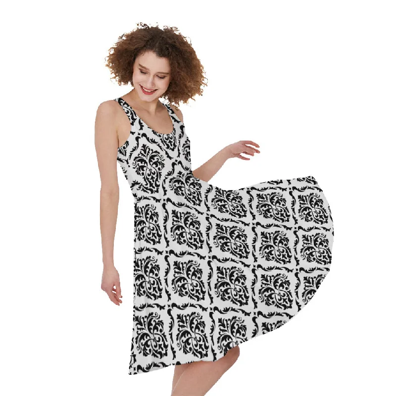 White And Black Damask Pattern Print Sleeveless Knee Length Dress