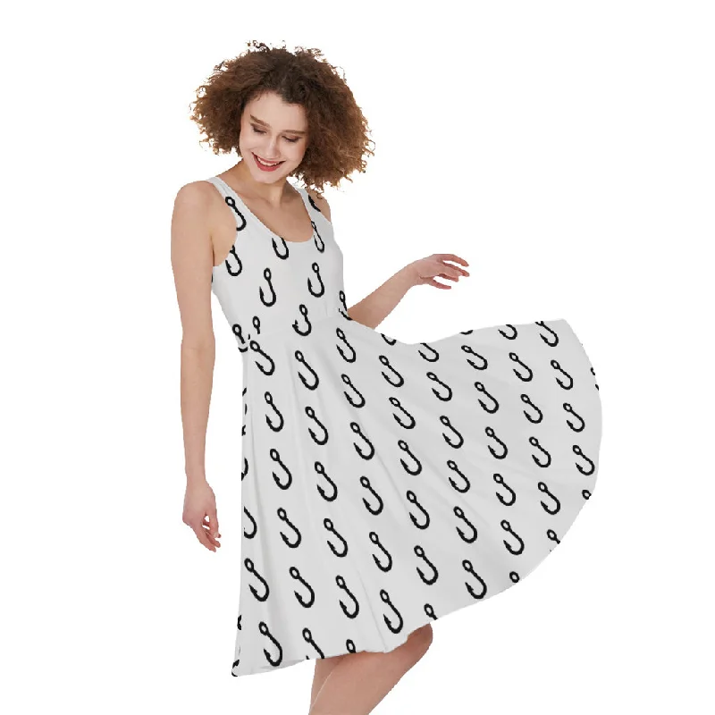 White And Black Fishing Hooks Print Sleeveless Knee Length Dress