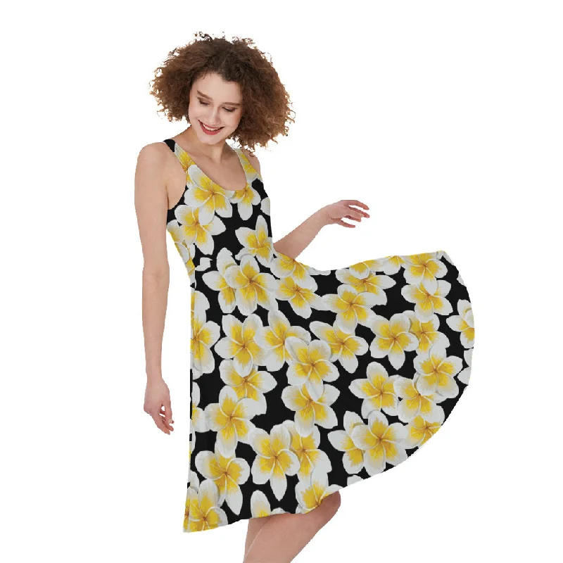 White And Black Frangipani Pattern Print Sleeveless Knee Length Dress