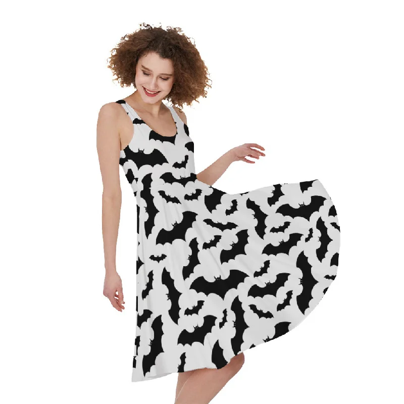 White And Black Halloween Bat Print Sleeveless Knee Length Dress