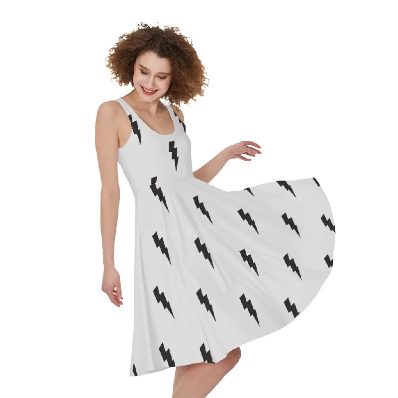 White And Black Lightning Pattern Print Sleeveless Knee Length Dress