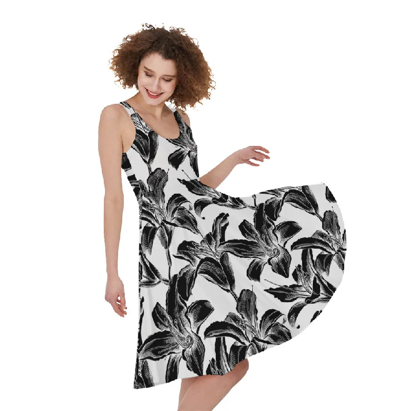 White And Black Lily Pattern Print Sleeveless Knee Length Dress