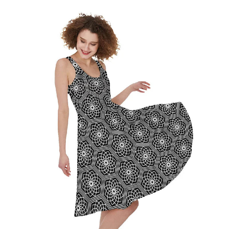 White And Black Lotus Pattern Print Sleeveless Knee Length Dress