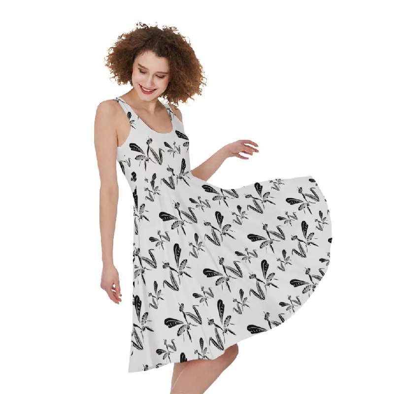 White And Black Mantis Pattern Print Sleeveless Knee Length Dress