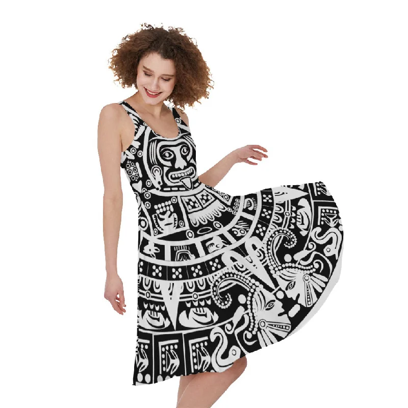 White And Black Maya Calendar Print Sleeveless Knee Length Dress