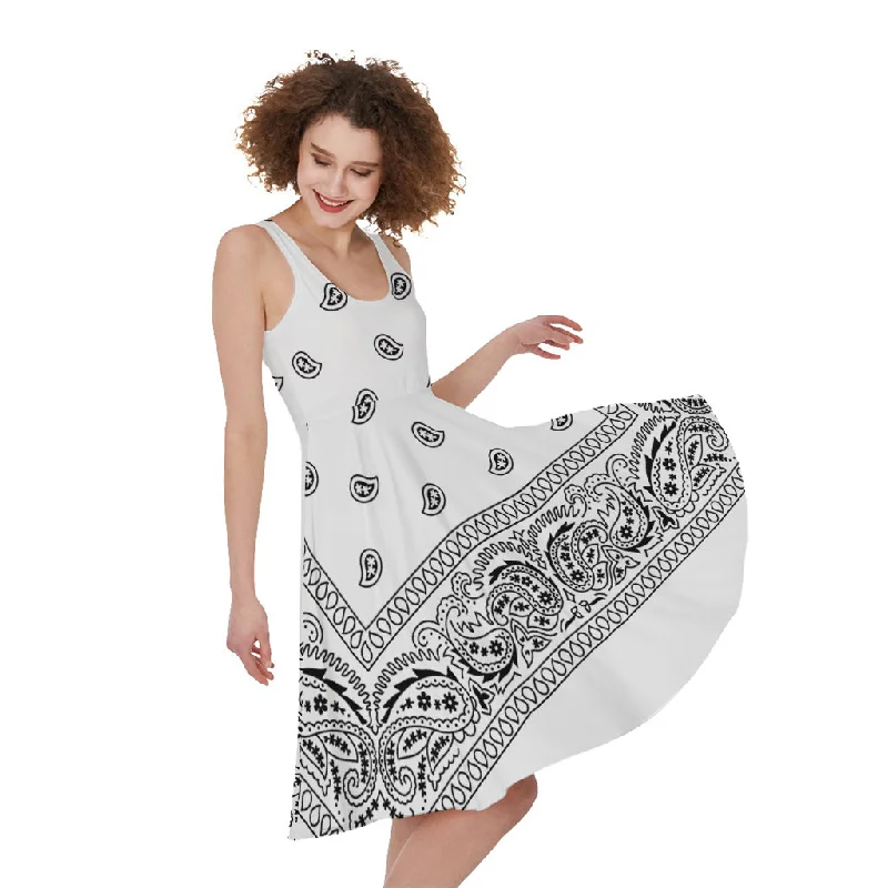 White And Black Paisley Bandana Print Sleeveless Knee Length Dress