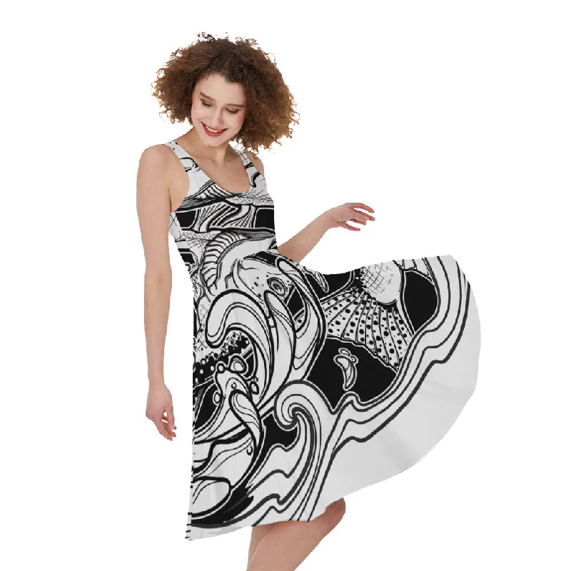 White And Black Pisces Sign Print Sleeveless Knee Length Dress