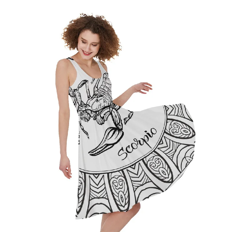 White And Black Scorpio Sign Print Sleeveless Knee Length Dress