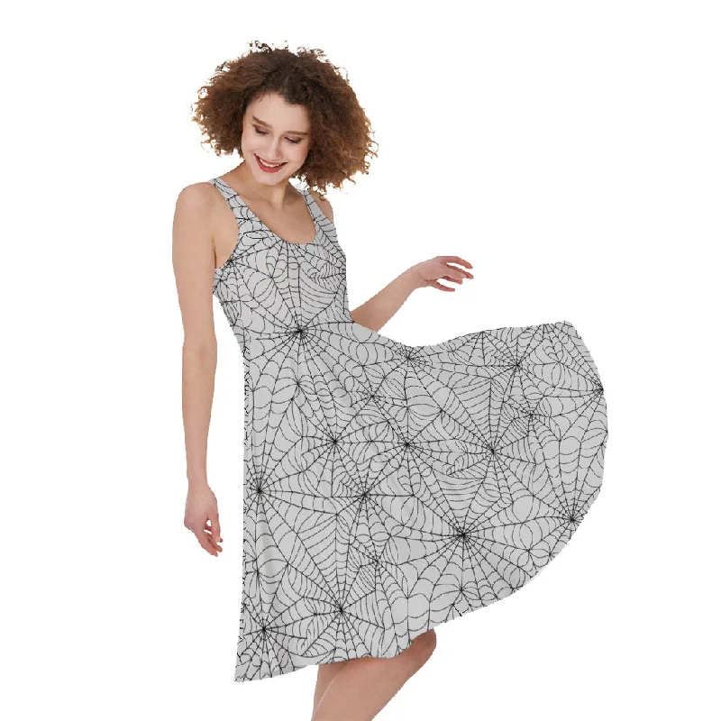 White And Black Spider Web Pattern Print Sleeveless Knee Length Dress