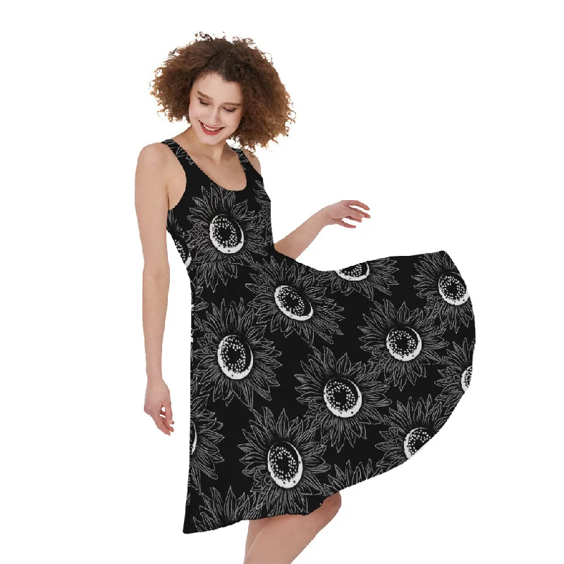 White And Black Sunflower Pattern Print Sleeveless Knee Length Dress