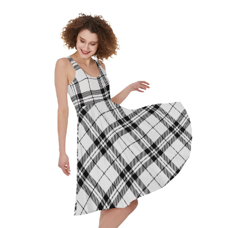 White And Black Tartan Pattern Print Sleeveless Knee Length Dress