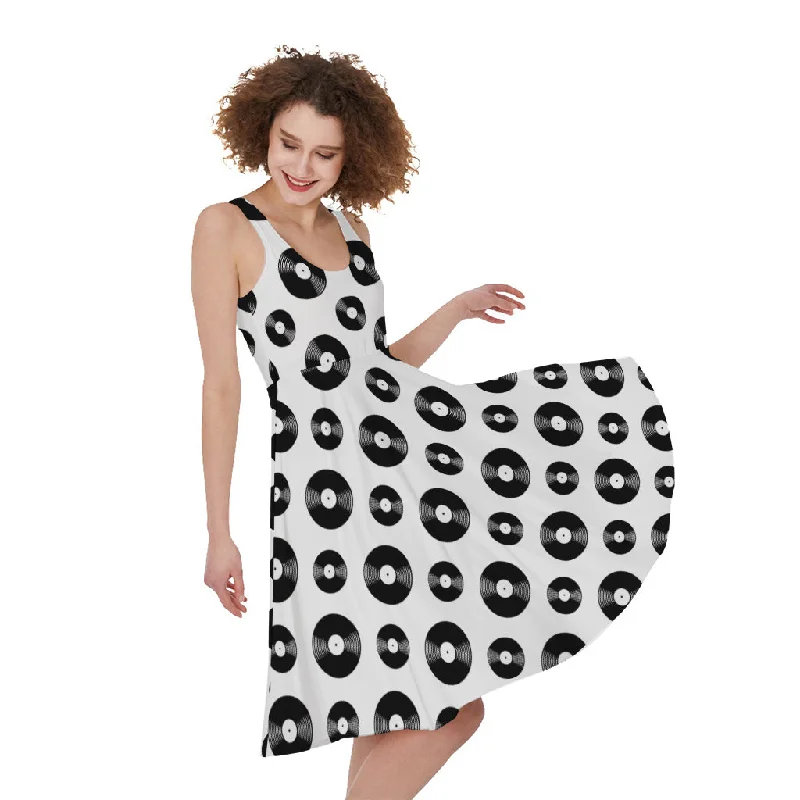 White And Black Vinyl Pattern Print Sleeveless Knee Length Dress