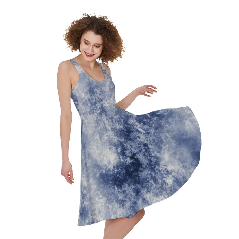 White And Blue Acid Wash Tie Dye Print Sleeveless Knee Length Dress