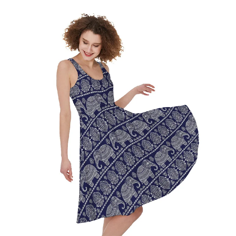 White And Blue Indian Elephant Print Sleeveless Knee Length Dress