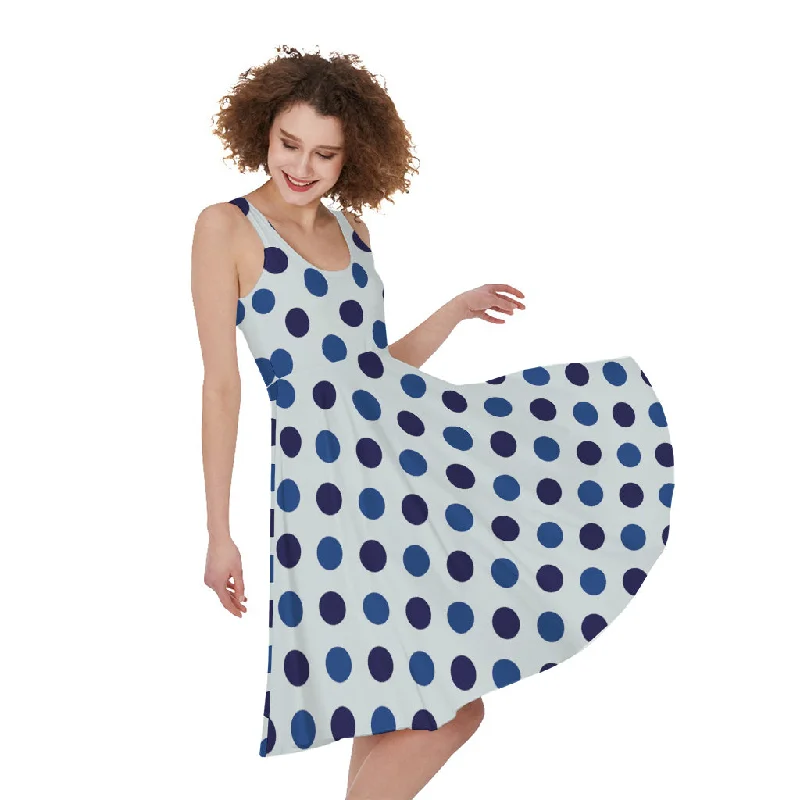 White And Blue Polka Dot Pattern Print Sleeveless Knee Length Dress