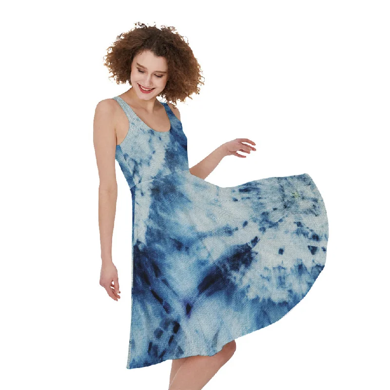 White And Blue Tie Dye Print Sleeveless Knee Length Dress