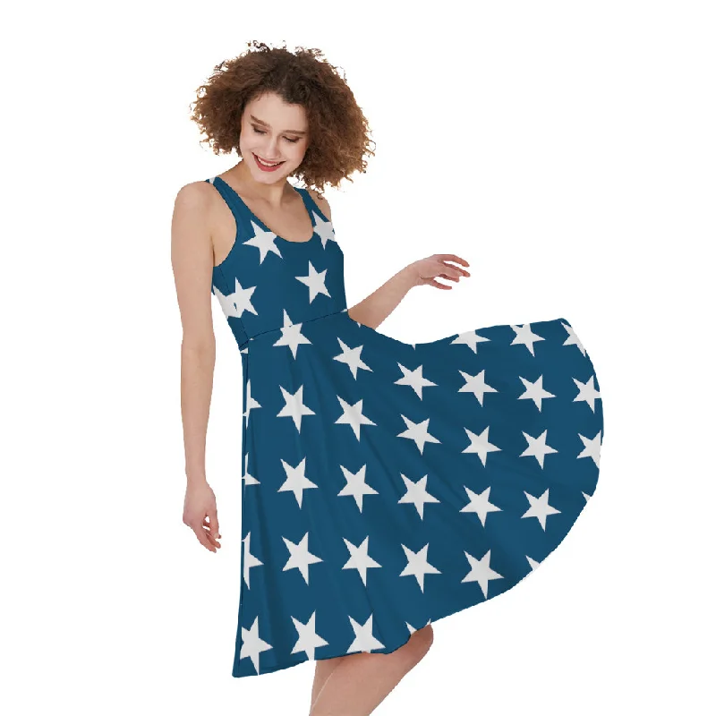 White And Blue USA Star Pattern Print Sleeveless Knee Length Dress