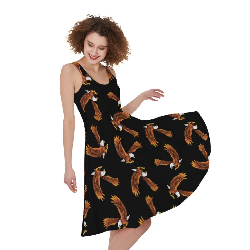 White And Brown Eagle Pattern Print Sleeveless Knee Length Dress