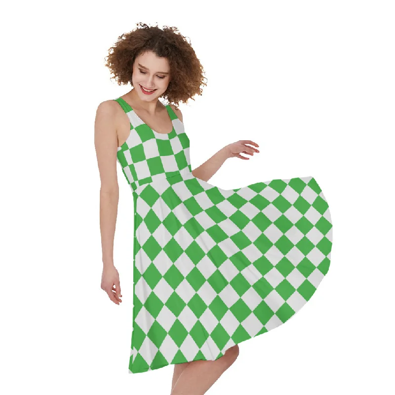 White And Green Checkered Print Sleeveless Knee Length Dress