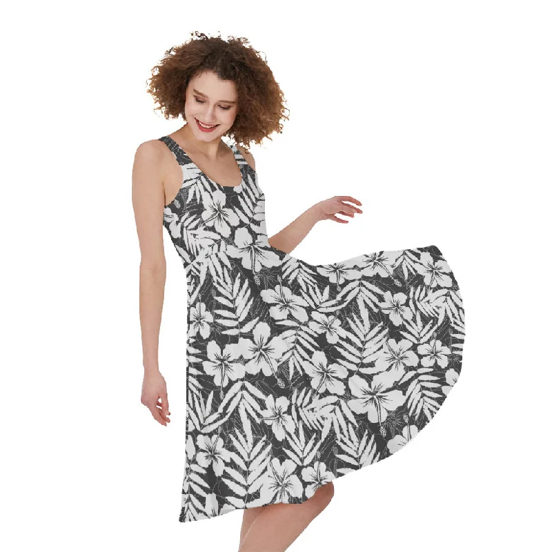 White And Grey Hawaiian Pattern Print Sleeveless Knee Length Dress