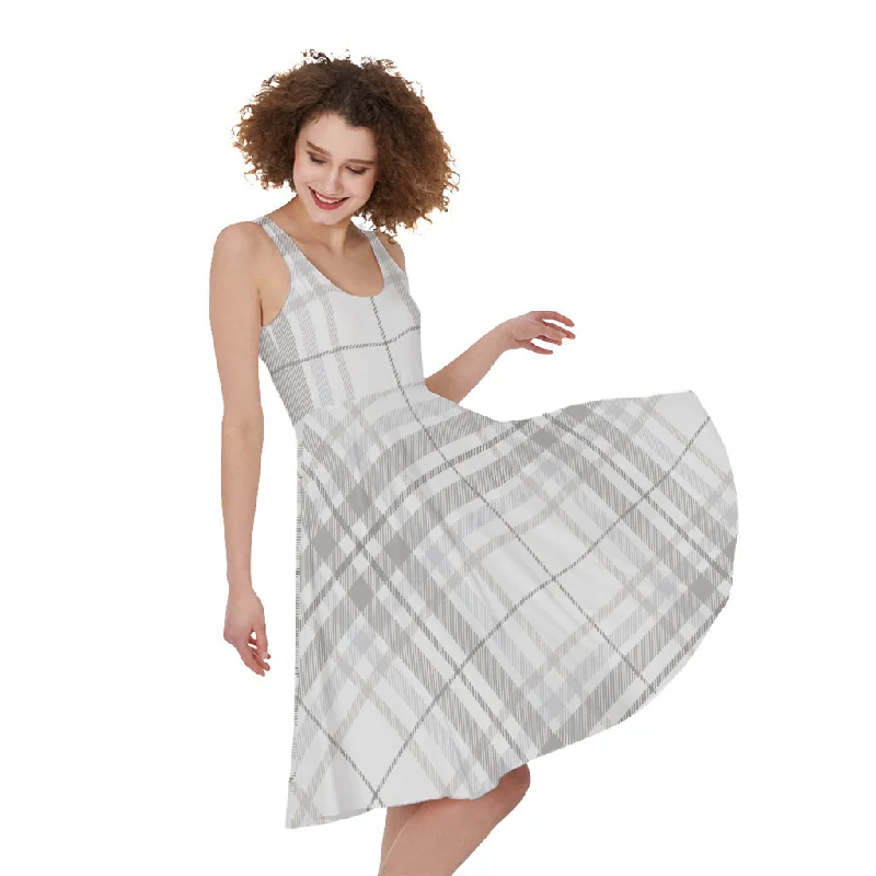 White And Grey Plaid Pattern Print Sleeveless Knee Length Dress