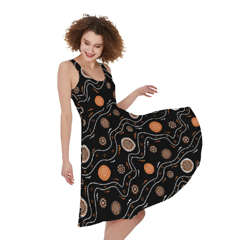 White And Orange Aboriginal Art Print Sleeveless Knee Length Dress