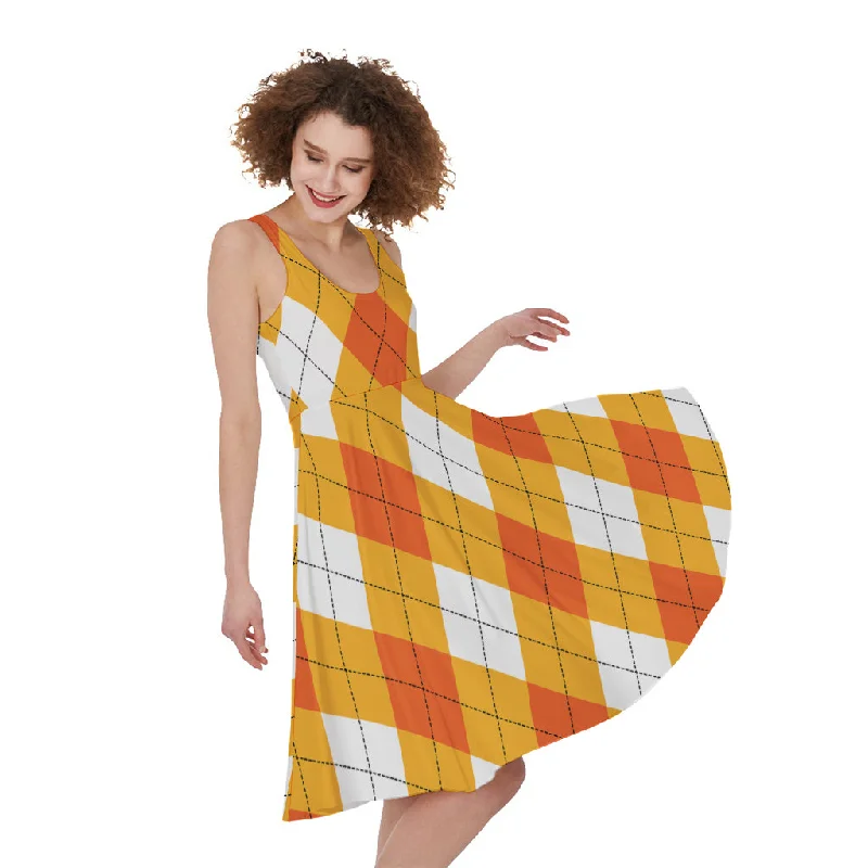 White And Orange Argyle Pattern Print Sleeveless Knee Length Dress