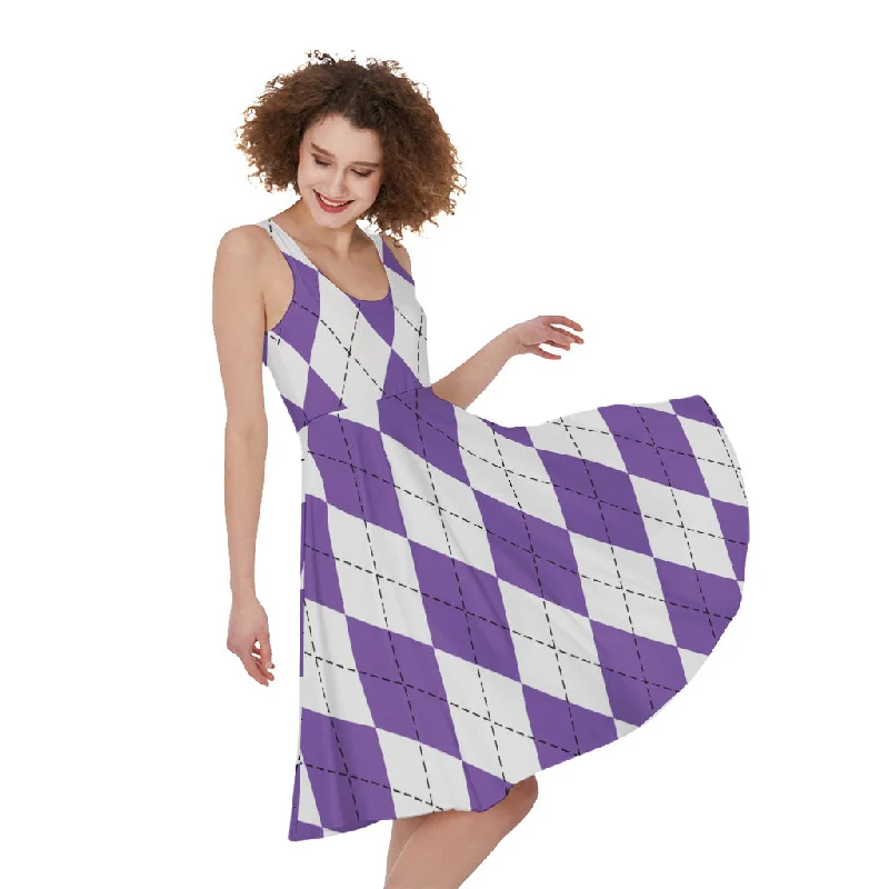 White And Purple Argyle Pattern Print Sleeveless Knee Length Dress