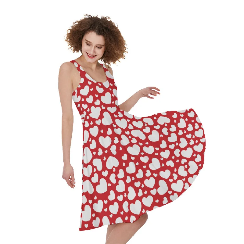 White And Red Heart Pattern Print Sleeveless Knee Length Dress