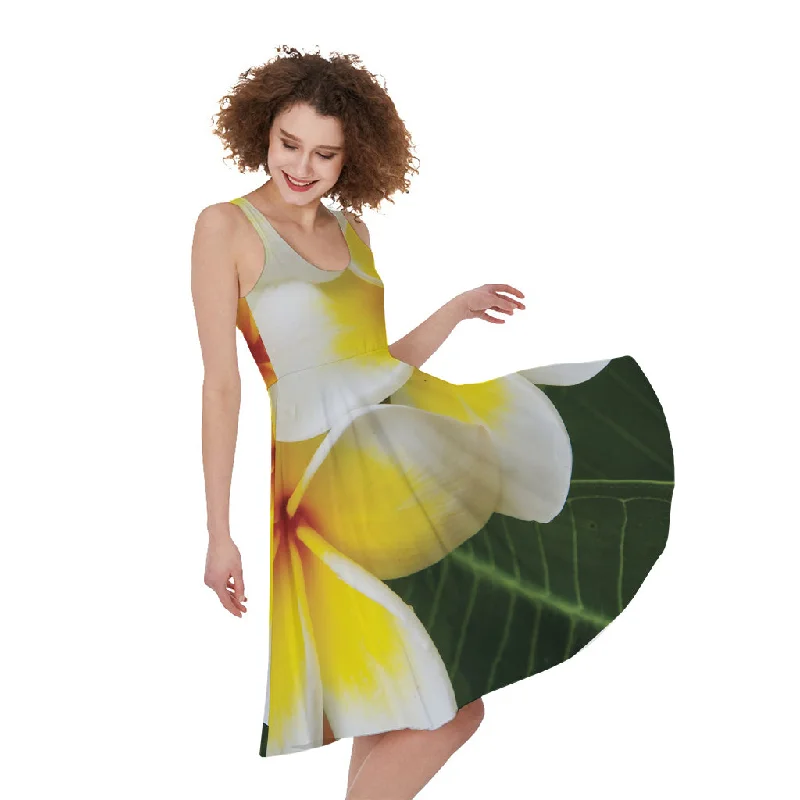 White And Yellow Plumeria Flower Print Sleeveless Knee Length Dress