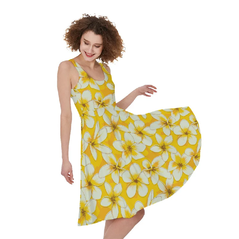 White And Yellow Plumeria Pattern Print Sleeveless Knee Length Dress